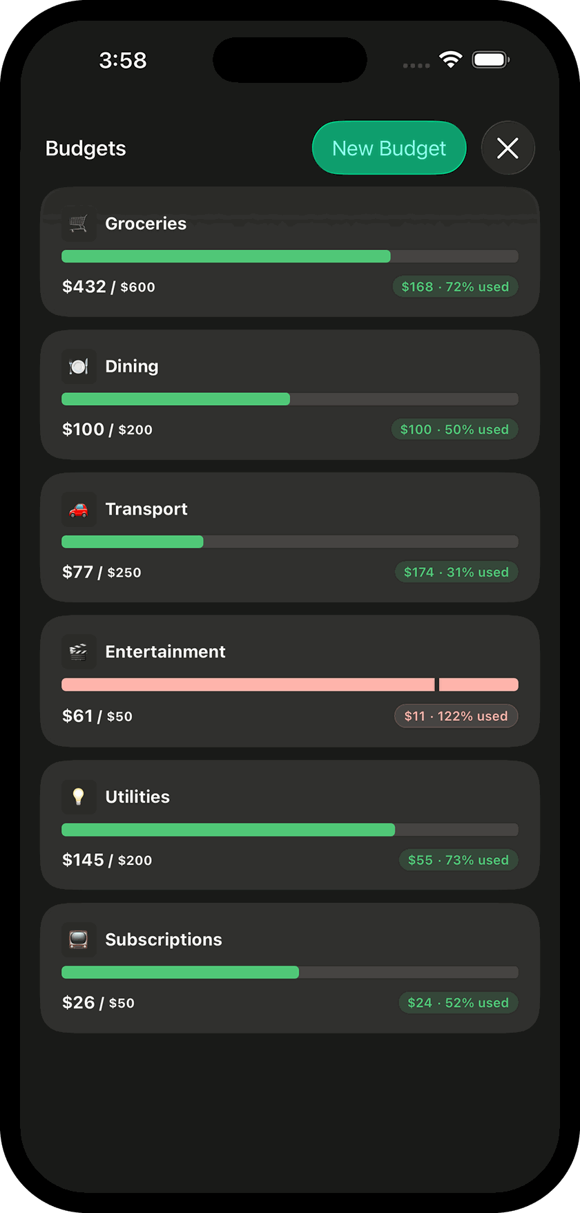 Budget tracking with progress bars